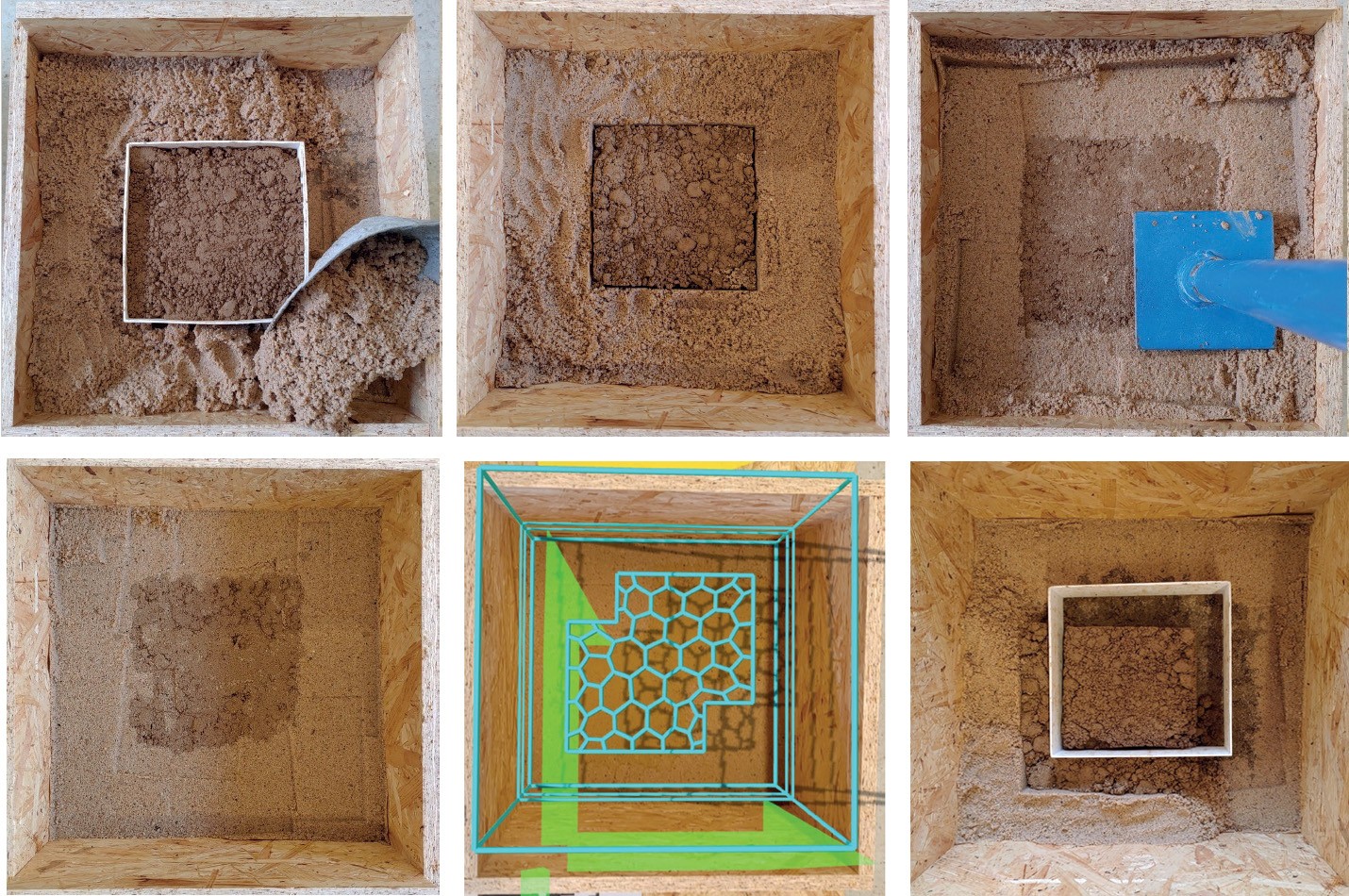 AR-guided rammed-earth fabrication with a moveable formwork insert, shown in six process views.